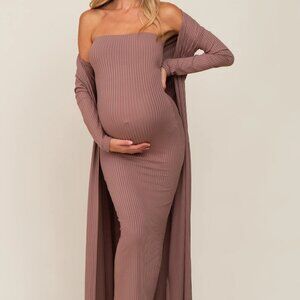Mocha Ribbed Sleeveless Dress Cardigan Maternity Set (Pink Blush)